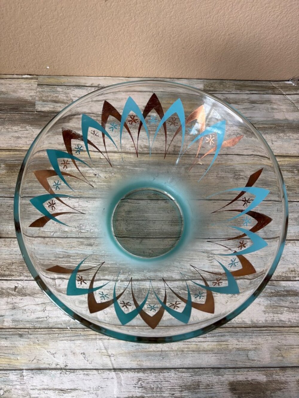 Vintage Anchor Hocking Blendo Atomic Happy Hour Chip Serving Bowl Turquoise Gold - Picture 5 of 13